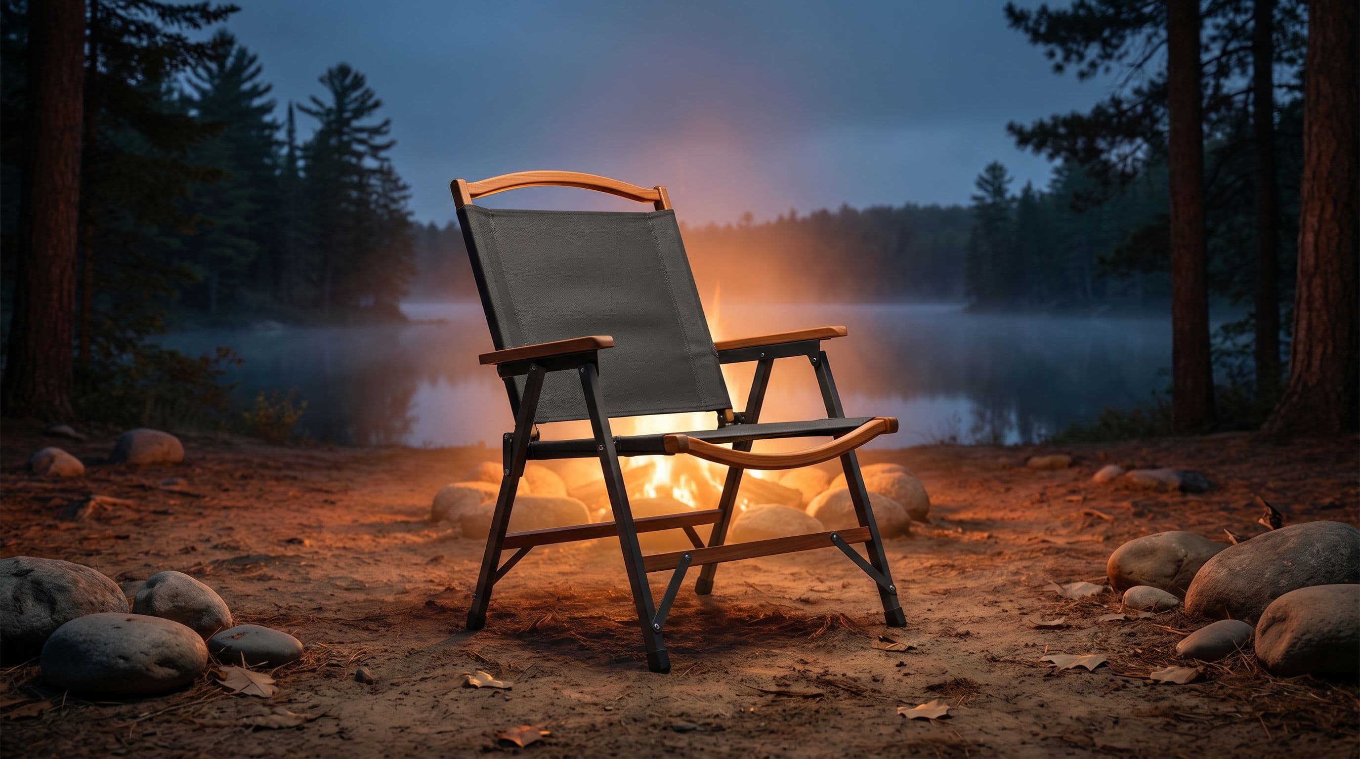 Chaise pliante outdoor au camp au crépuscule, lumière orange feu de camp